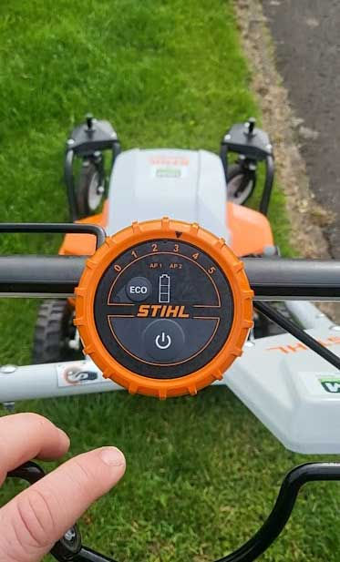 STIHL electric mower display showing battery power
