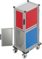 Silver, red, and blue cart with open door and wheels for transport