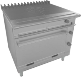 Stainless steel commercial cooking range with griddle, knobs and Catering Equipment.