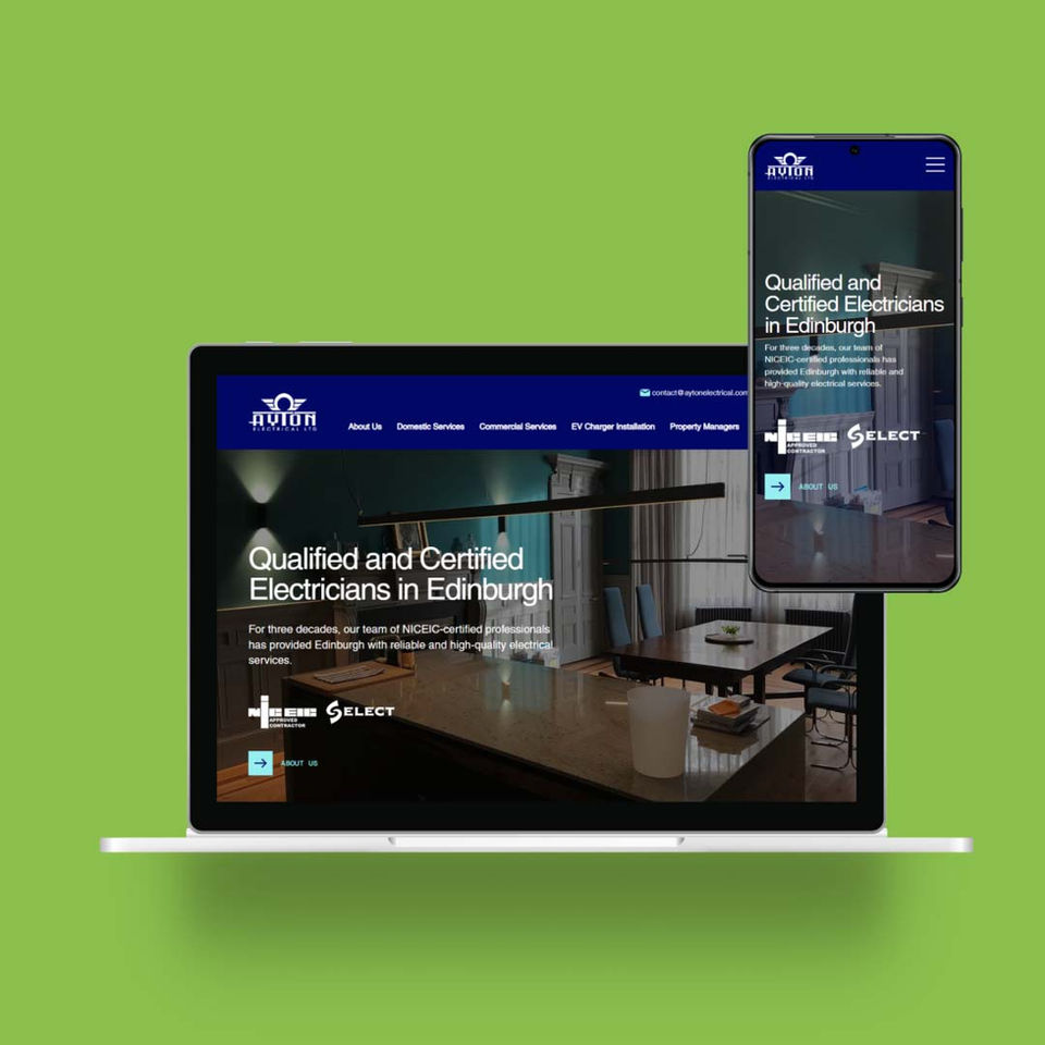 This is an image of the website built for Ayton Electrical by Power On Web Design. Ayton Electrical is based in Balerno, Edinburgh