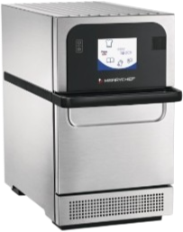 Commercial stainless steel oven with user interface and black handle on white background.
