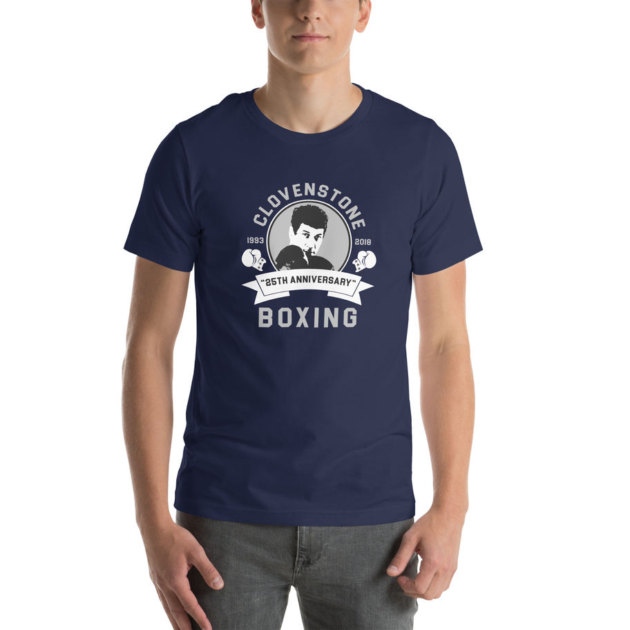 Man wearing a navy blue Clovenstone Boxing t-shirt with a boxer on the front and the words "25th Anniversary" and "Boxing".
