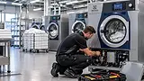 Technician performing commercial laundry repairs on a dryer