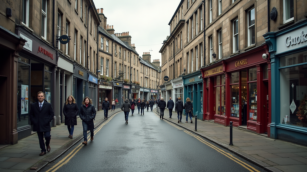 High angle view of a Fife town centre with shops and pedestrians