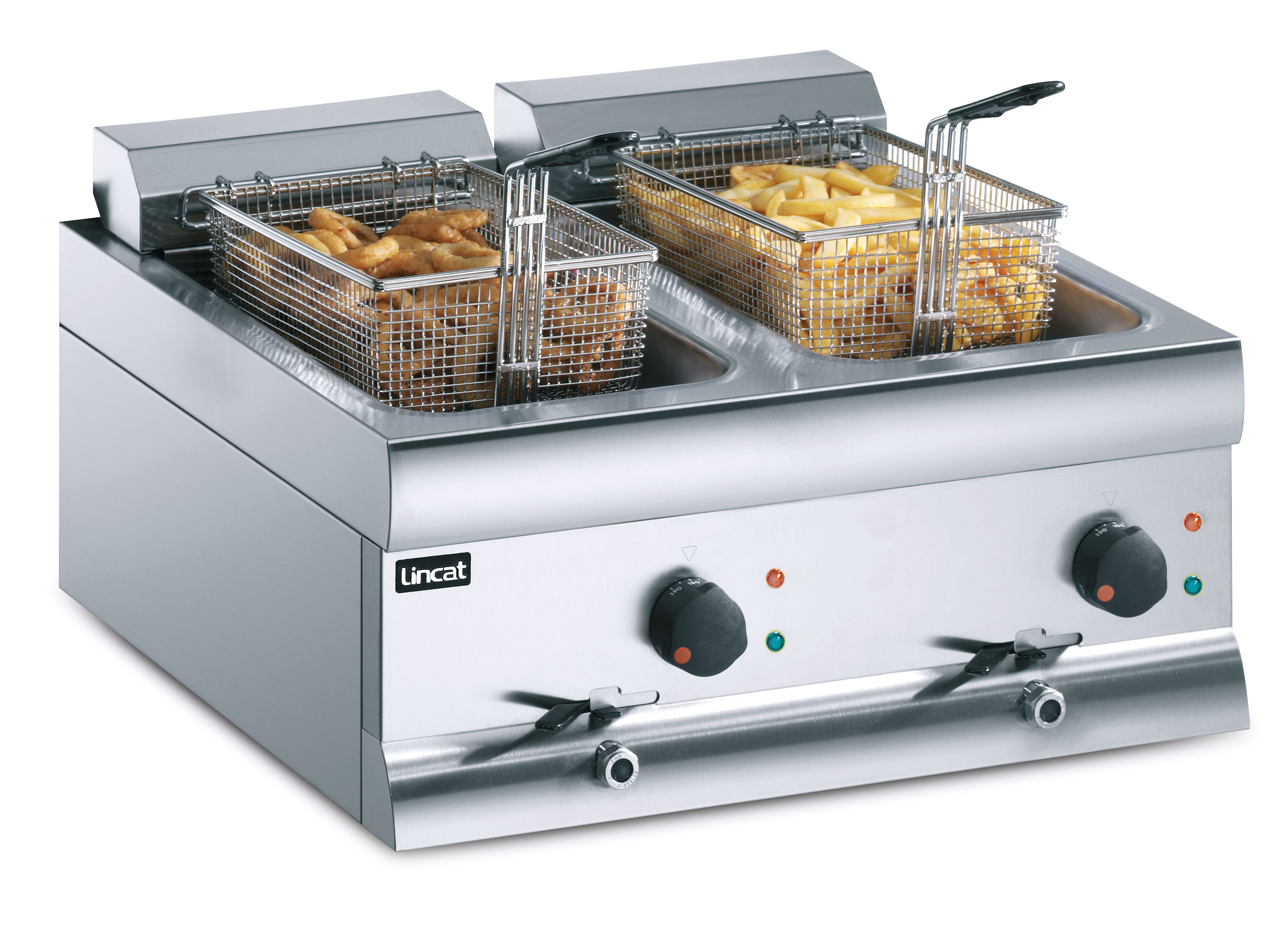 Double deep fryer with French fries