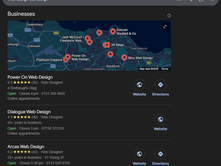 Search results for "web design Edinburgh" showing a map with locations and a list of web design businesses showing Power On Web design in position 1