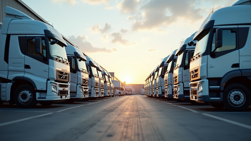 Eye-level view of a fleet of trucks parked in a company yard