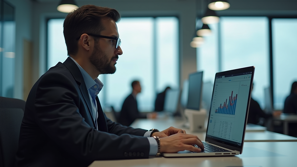 Eye-level view of a fleet manager analyzing data on a laptop in an office
