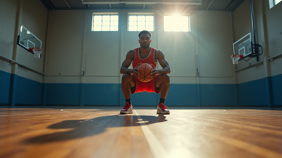 Eye-level view of a basketball player performing a squat