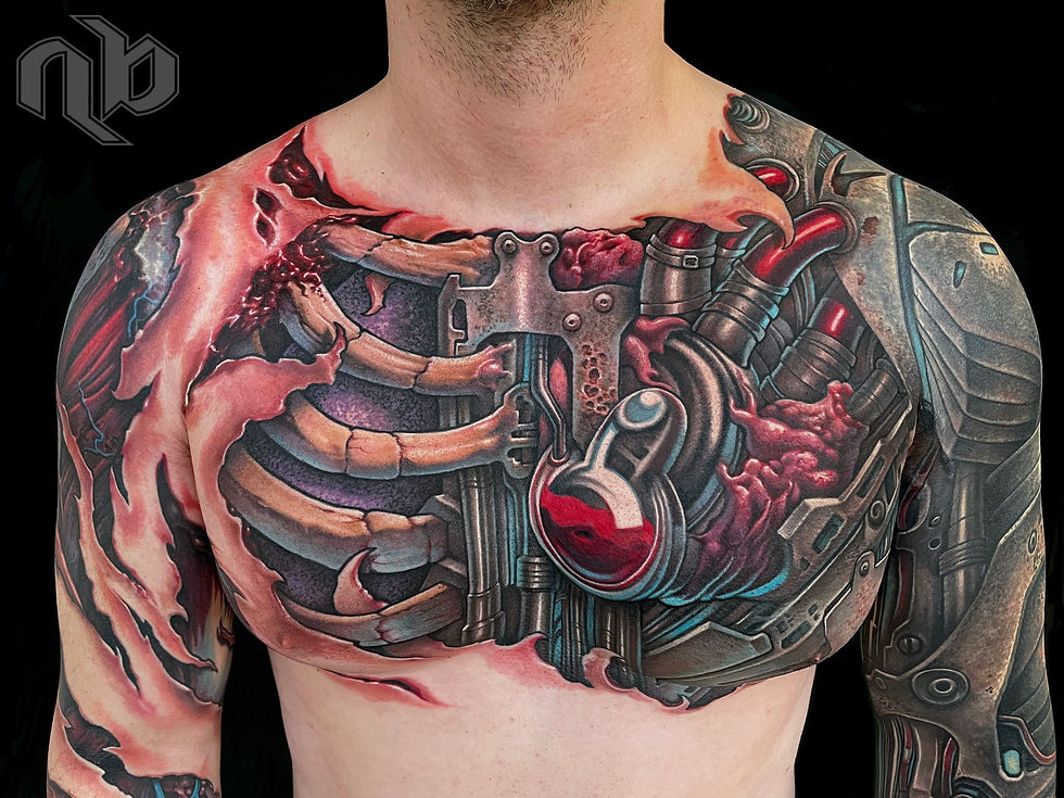 color biomechanical back and chest tattoo of exposed human anatomy and organs being replaced with weathered and damaged robot machinery by nick baxter in austin texas