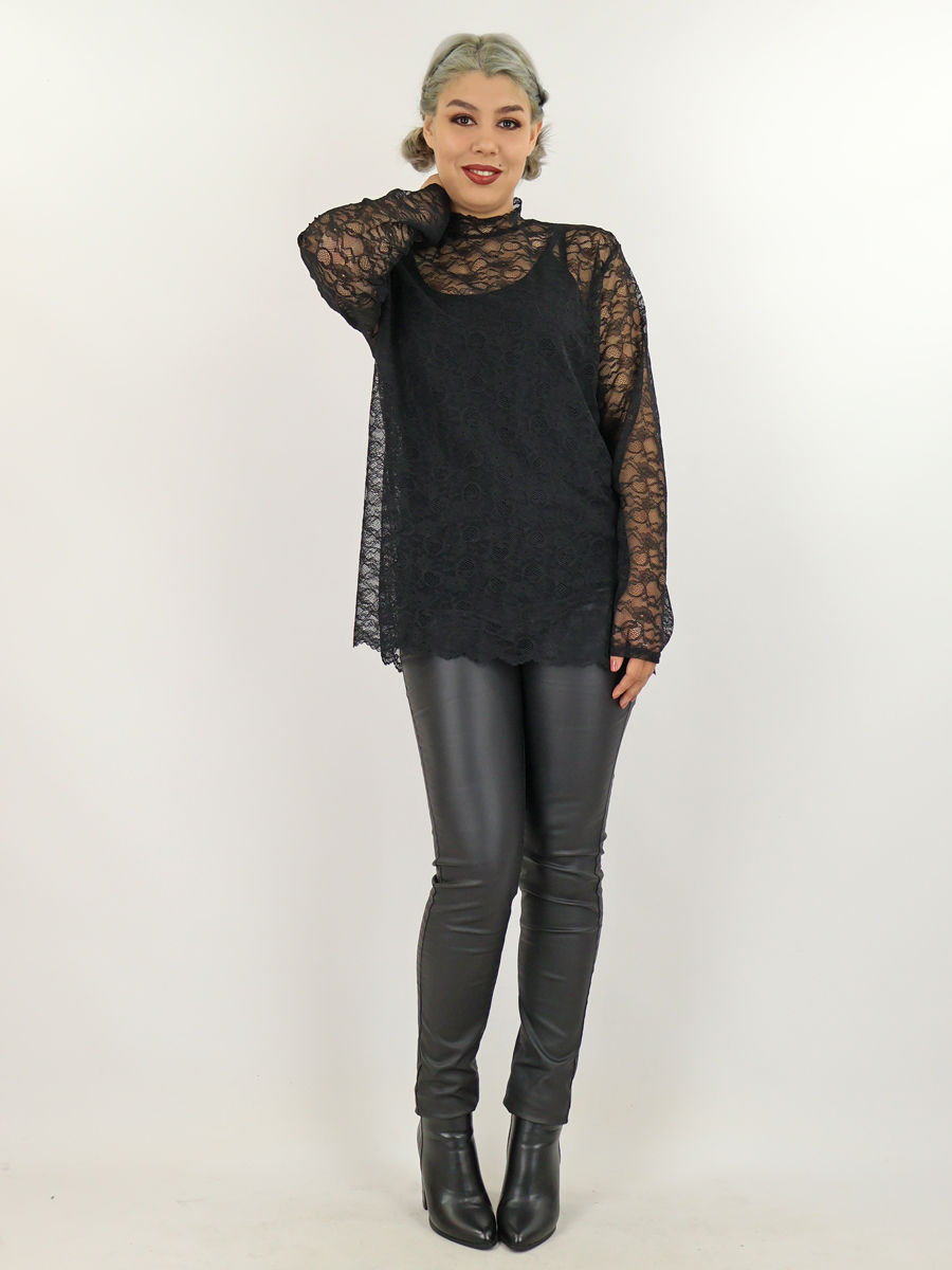 zwarte kanten top opstaande kraag en lange mouw dames webshopblack just black