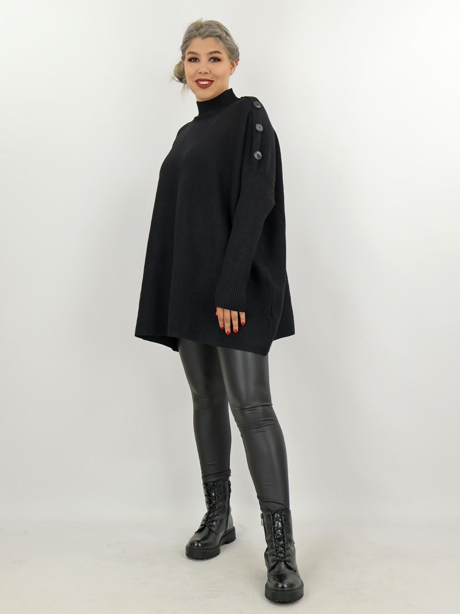 zwarte trui met knopen op schouder maatje meer dames webshop black just black