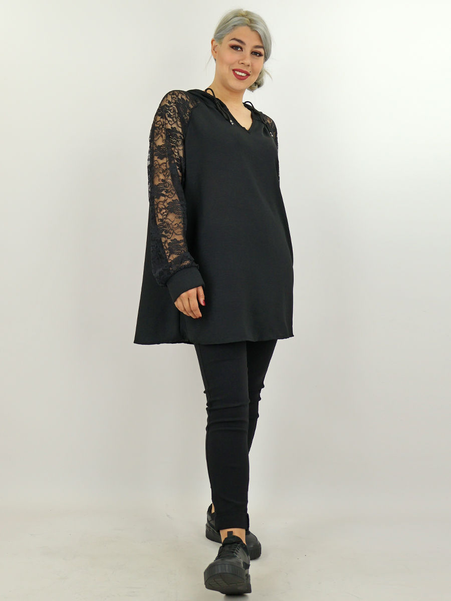 Zwarte blouse met kanten mouwen en capuchon dames webshop black just black