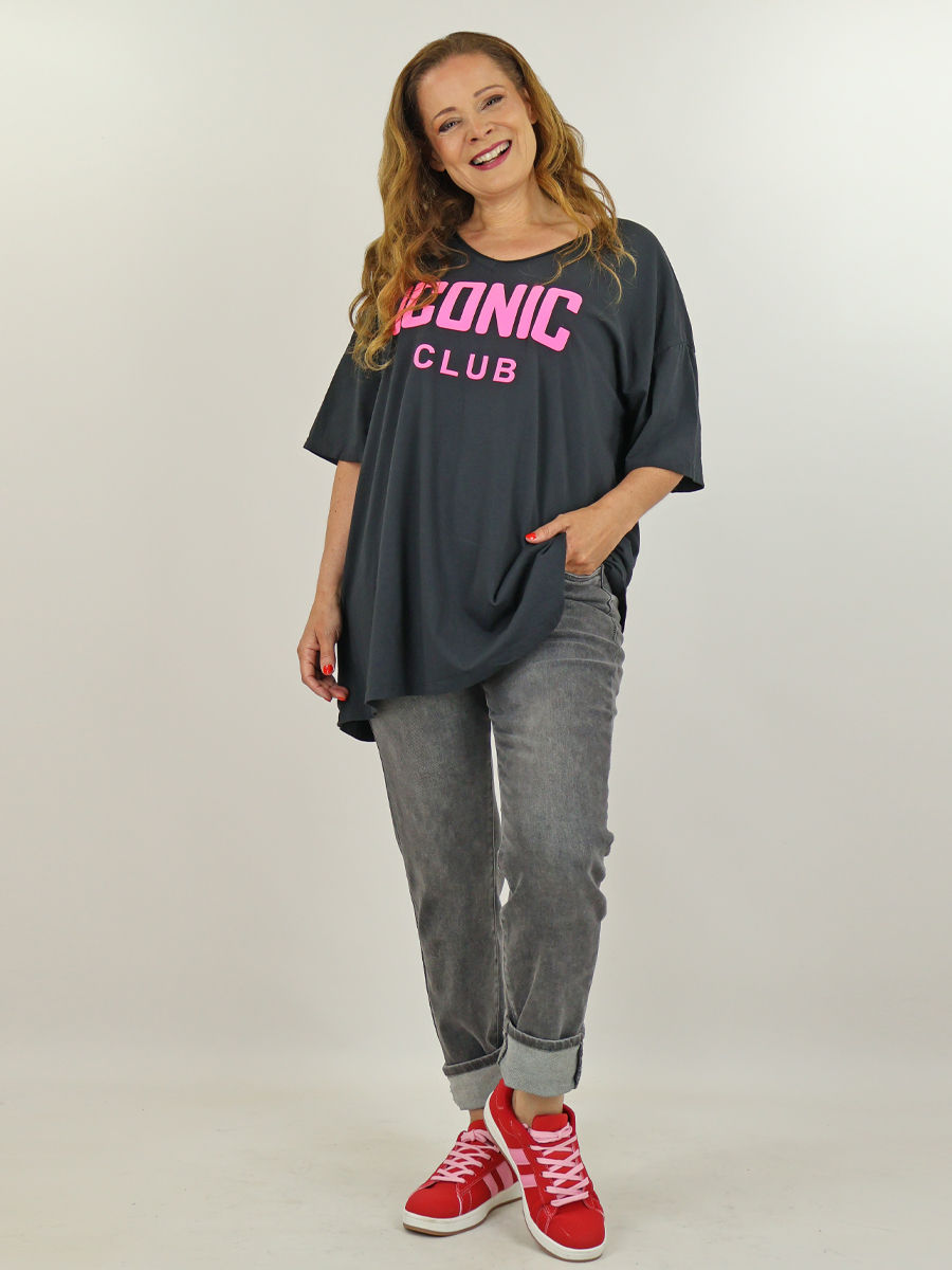 Antraciet T-shirt met fluo print korte mouw maatje meer dames webshop black just black