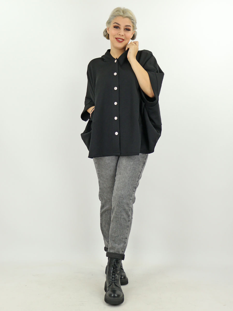 zwart vest met capuchon en 3/4 mouwen maatje meer dames webshop black just black