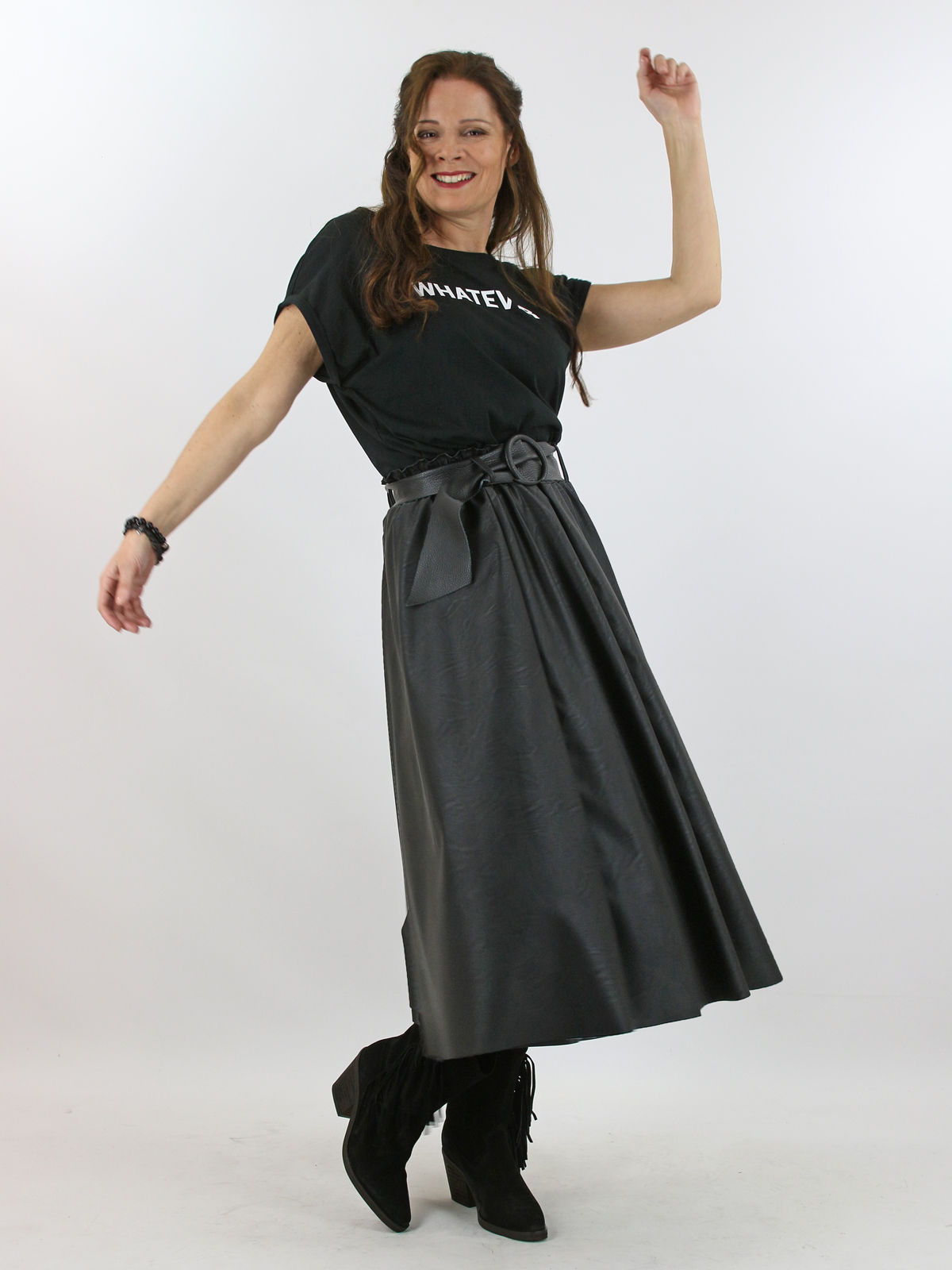 zwarte leather look rok midi black just black sibelle plus size