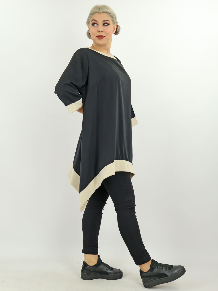 zwarte wijde blouse met beige bies maatje meer dames webshop black just black