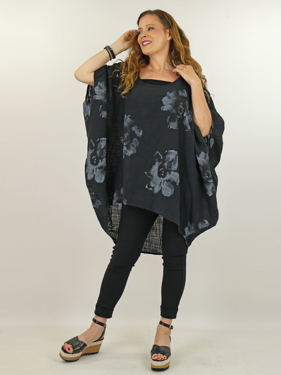 zwarte top met grijze bloemen maatje meer webshop black just black