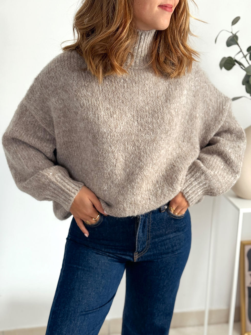 Miniature : Pull taupe col cheminé "Madine"