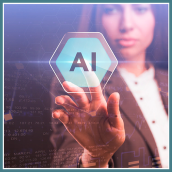 Executive Assistant in a suit touches a glowing AI hexagon on a digital screen, with blurred data overlays and a cool purple tech background