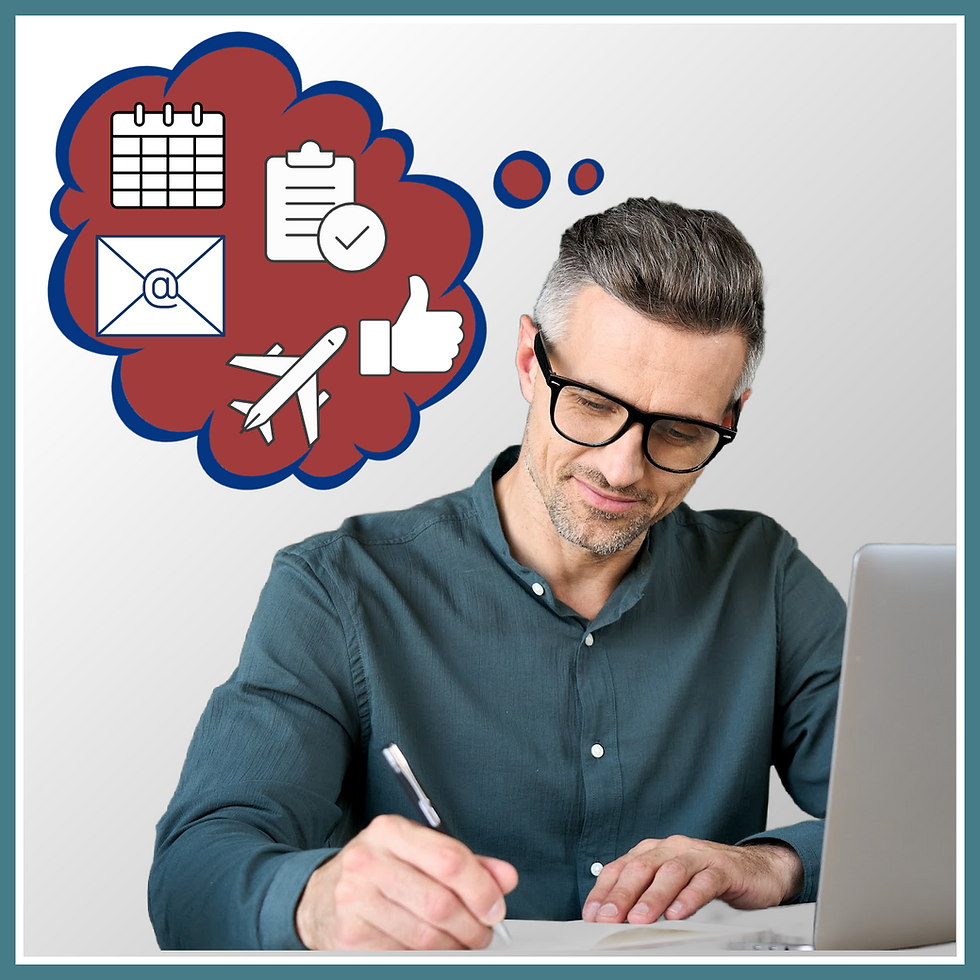 H.R. Manager writing at a desk, laptop beside him. Thought bubble with icons: calendar, email, clipboard, plane. Focused mood.
