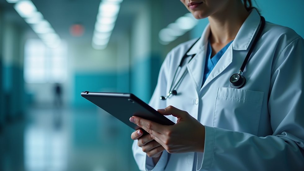 Close-up view of a healthcare professional using AI software on a tablet