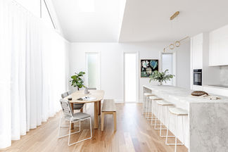 Kitchen and dining area of soft furnishings project in Hamilton NSW 