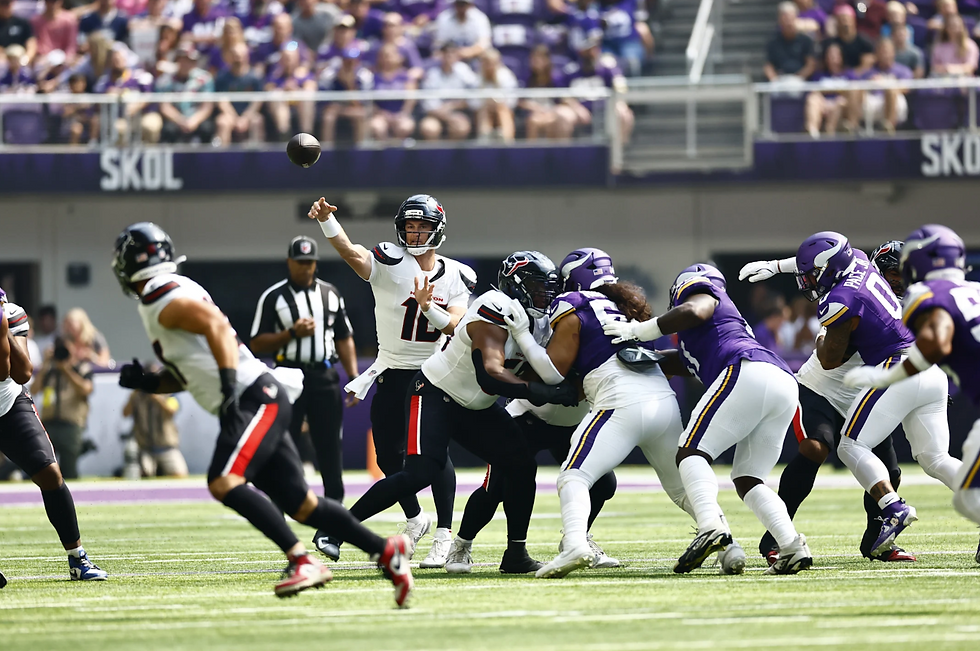 Davis Mills throws a pass to tight end Cade Stover in week one of the preseason vs the Minnesota Vikings.