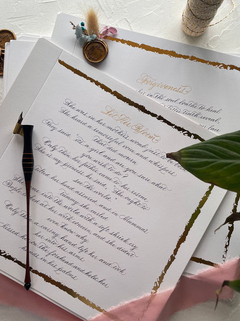 Poems Calligraphed in Copperplate Script with Nib Holder over Gold Foiled Sheets