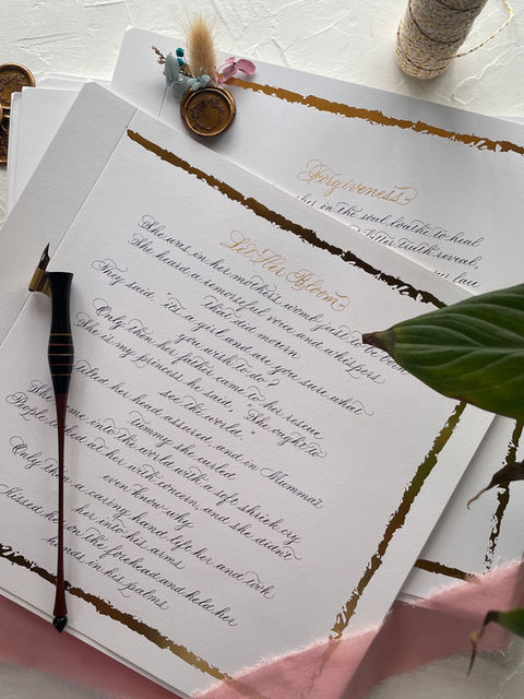 Poems Calligraphed in Copperplate Script with Nib Holder over Gold Foiled Sheets