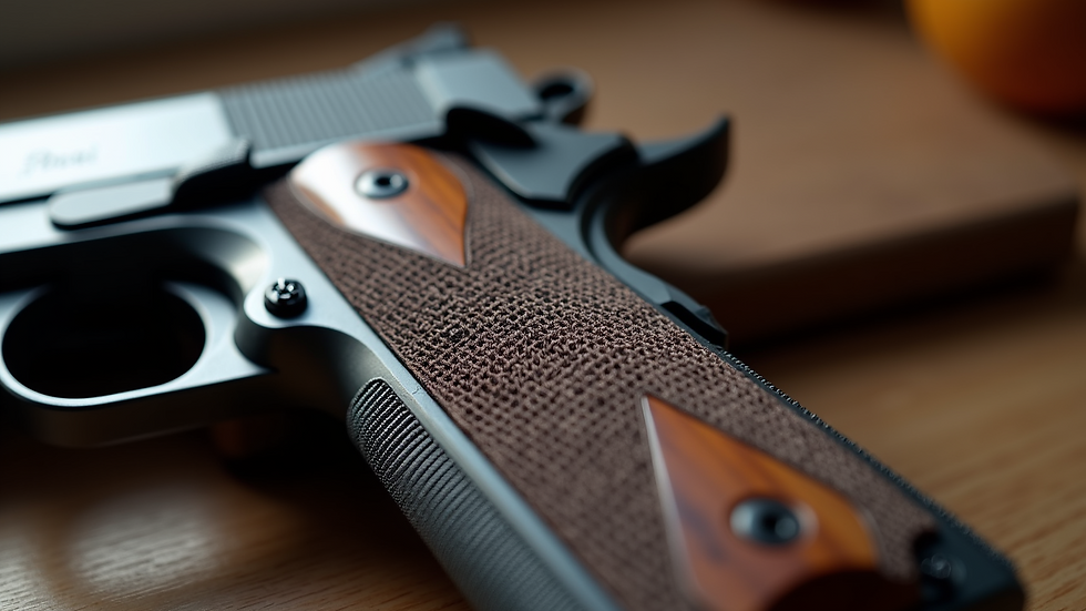 Close-up view of a 1911 pistol grip with custom panels