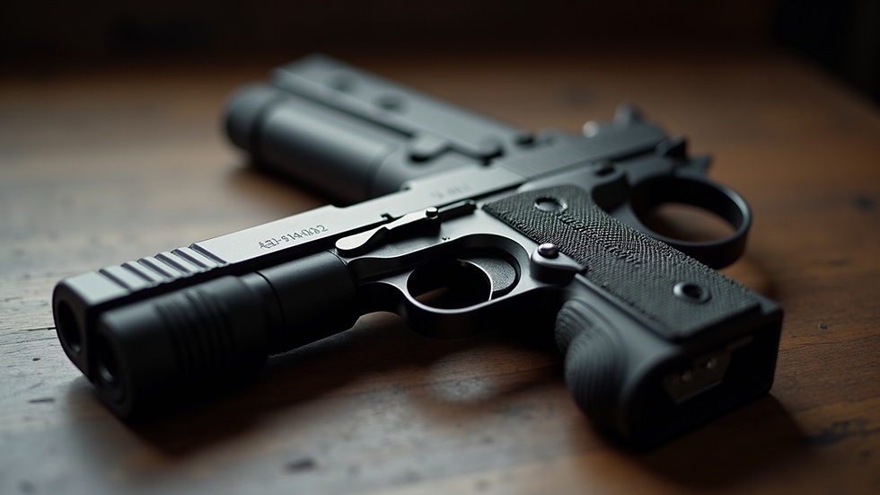 Close-up view of a 1911 pistol frame showing grip and trigger area