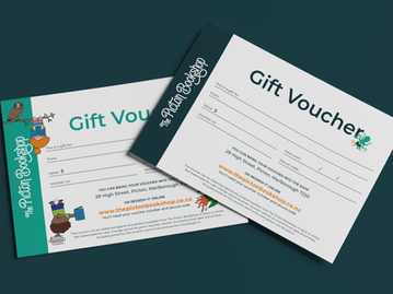 Gift voucher design for independent bookshop, using refreshed brand palette