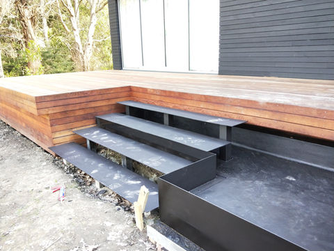 Custom built steel floating steps and water pond tub also installed by Designer Gates in Governers Bay