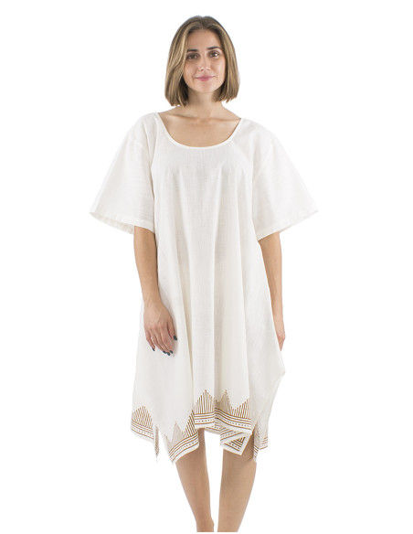 Miniature : Robe coton slub manches courtes écru bordure tampon