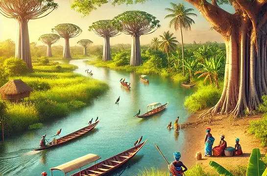 DALL·E 2024-10-17 08.30.23 - A serene riverside scene in Gambia, featuring lush greenery a