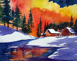 Winter Cabins on Stream 24x18