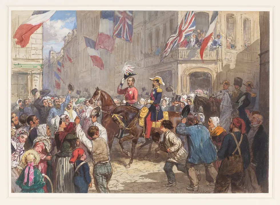 George Housman Thomas, “Napoleon III and Prince Albert in Boulogne”, 1854; mistakenly dated 1853, pencil, watercolour, bodycolour and gum arabic, RCIN 920050, Royal Collection Trust/© His Majesty King Charles III 2022