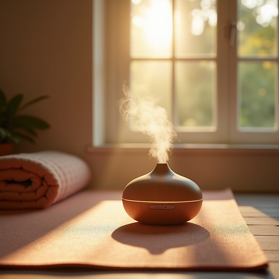 A wooden diffuser emits steam on a yoga mat in a sunlit room. A folded towel and a window with greenery outside set a calm mood.
