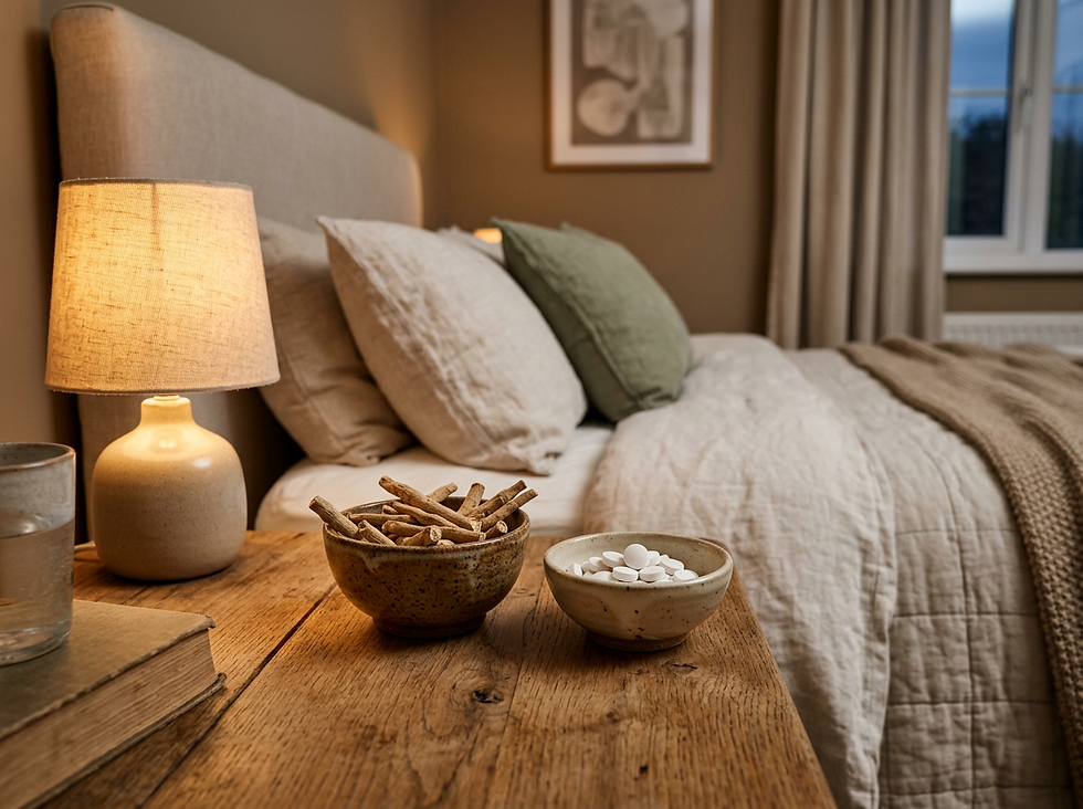 Cozy beige bedroom with lit lamp, bed pillows, and two ceramic bowls of herbs and white tablets on a wooden nightstand.