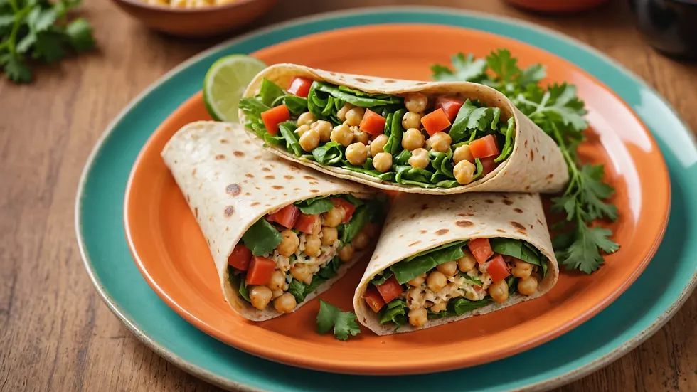 High angle view of a freshly made chickpea salad wrap cut in half on a colorful plate