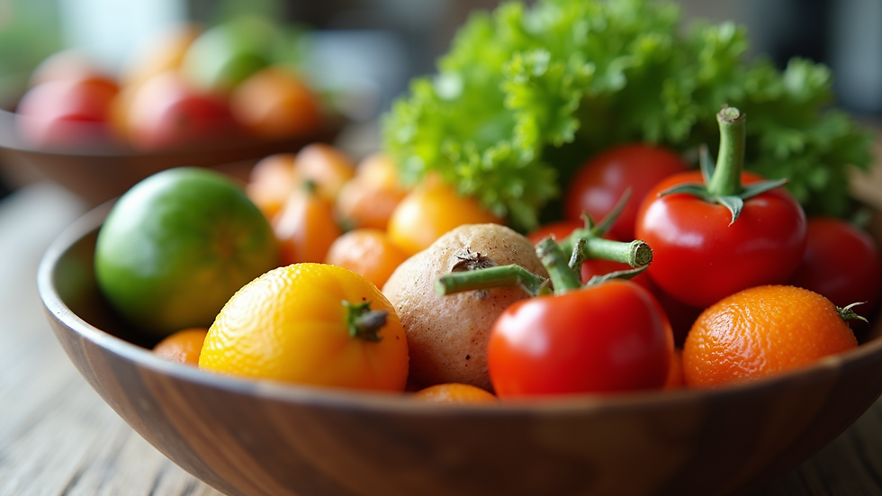 A wooden bowl filled with colorful tomatoes, citrus, and a potato sits on a wooden table, with vibrant green leaves in the background.
