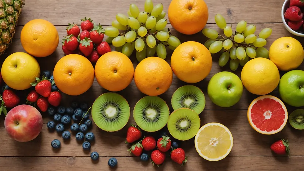 Close-up view of fresh fruits arranged on a wooden table