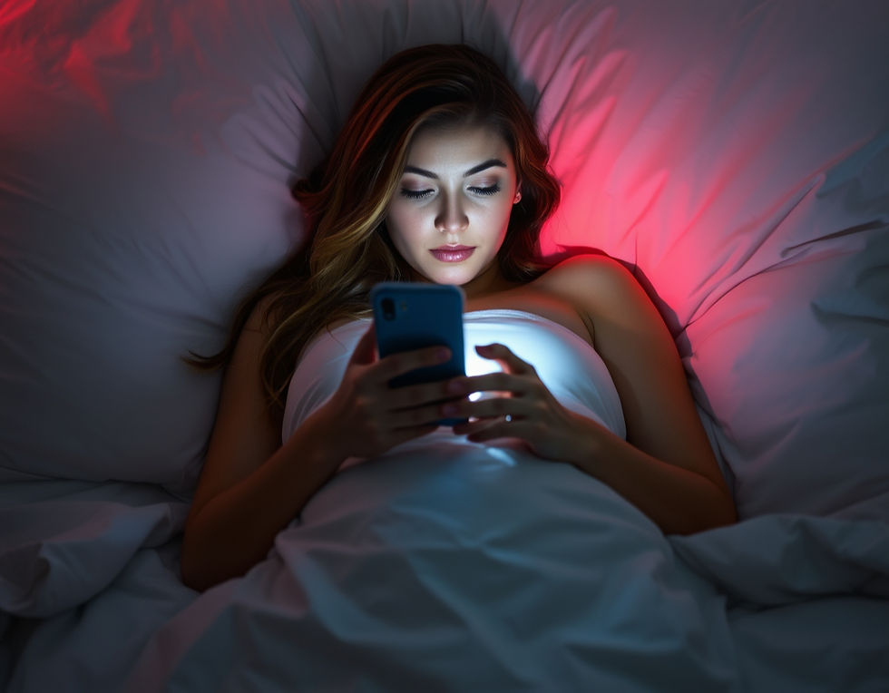 Woman lies in bed, illuminated by phone screen, red glow in background. Looks focused, calm. White sheets create a serene setting.