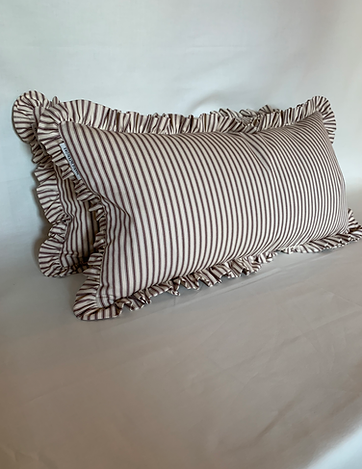 ticking stripe long bolster cushion with ruffle frill around edge in Ian Mankin ticking stripe 2 