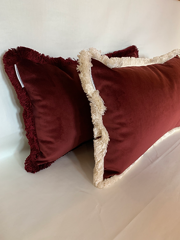 brown / red velvet cushion with father cushion pad and fluffy fringe trim 