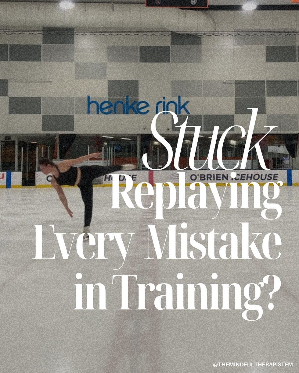 Figure skater spinning on ice, stuck replaying training mistakes, athlete mental health