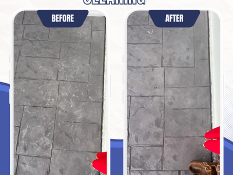Before and after porch cleaning by DC Clean at Taman Mayfair, Klebang, Melaka, showing renovation debris removed and a visibly cleaner floor.