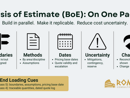 Landscape infographic summarizing a Basis of Estimate for capital projects: five tiles—Boundaries (in/out, WBS), Methods (by discipline, assumptions), Dates (pricing base date, quote validity, escalation), Uncertainty (mitigations, contingency, reserve kept separate), Change (reconciliation, change log). Bottom strip shows FEL 1 and FEL 2 cues; ROMAN Consulting Group footer.