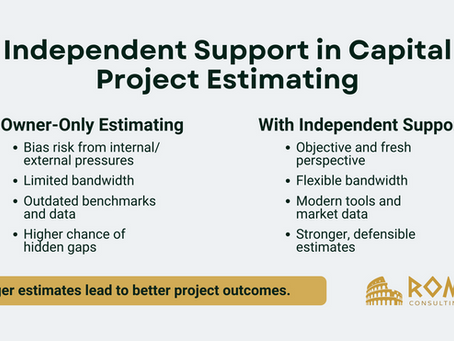 Infographic comparing owner-only estimating vs independent-supported estimating in capital projects, highlighting objectivity, bandwidth, ACCE tools, and defensible estimates.